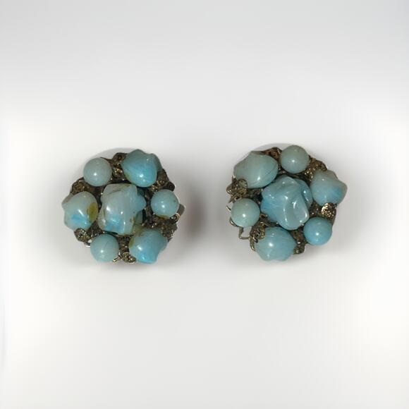 Vintage Judy Lee Earrings Clip On Blue & Gold Tone Beaded - Picture 1 of 3